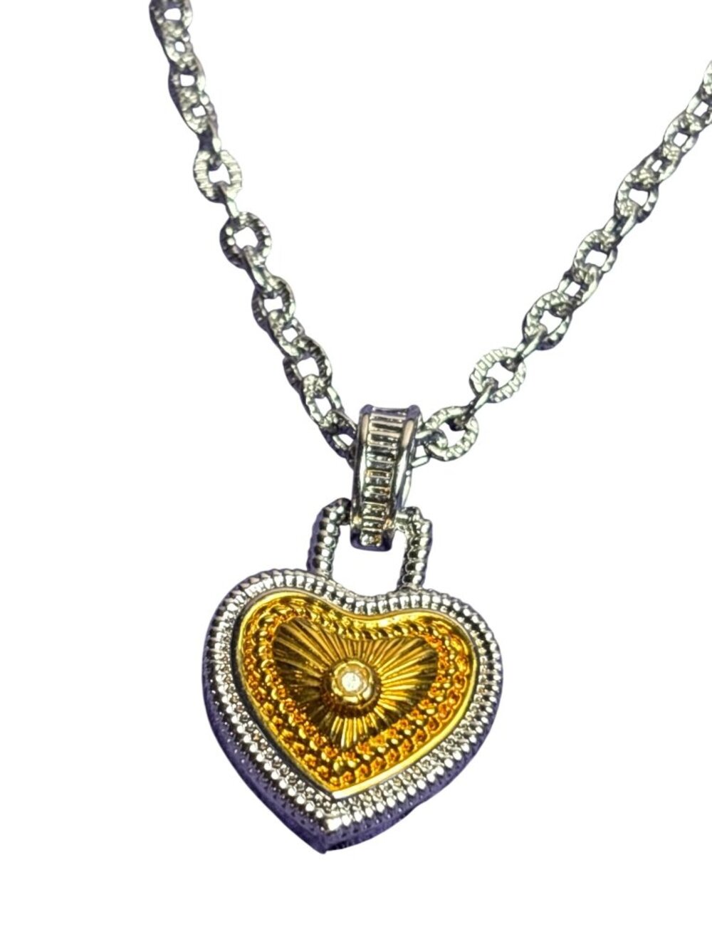 Goldtone Silvertone Heart Pendant Necklace 18 inches Long 0.75 inch Pendant